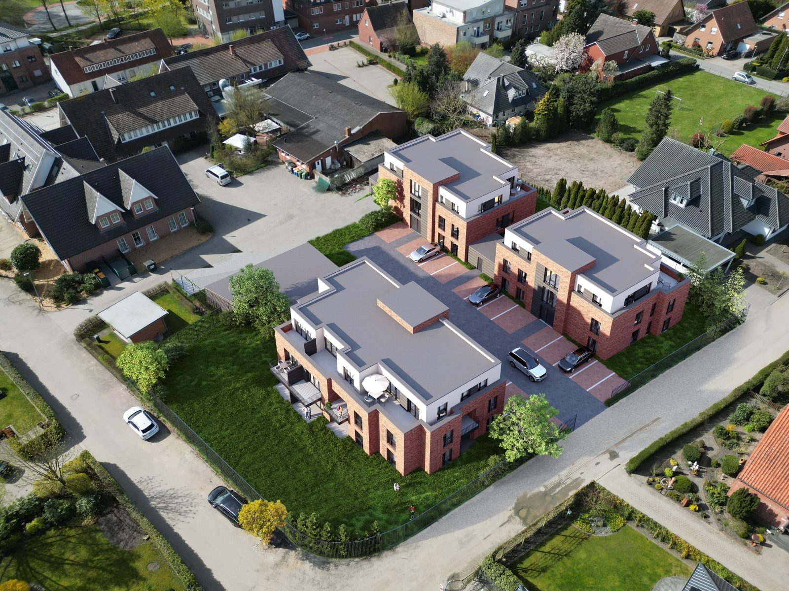 Luftbild-Visualisierung der drei Häuser